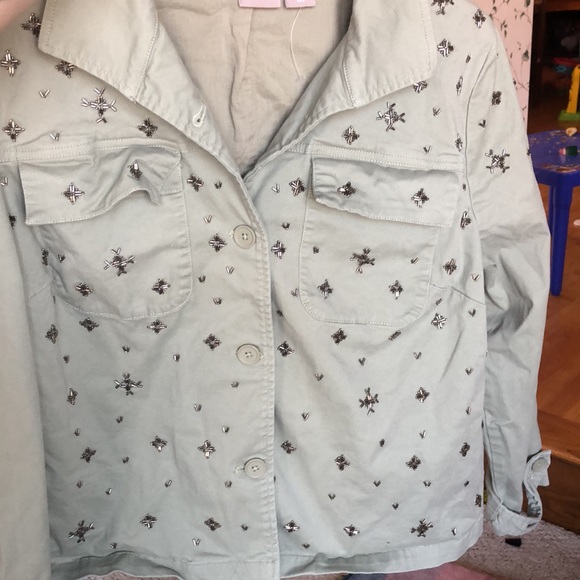 Chicos Green Boho Beaded Button Down Moto Jacket - Picture 10 of 10